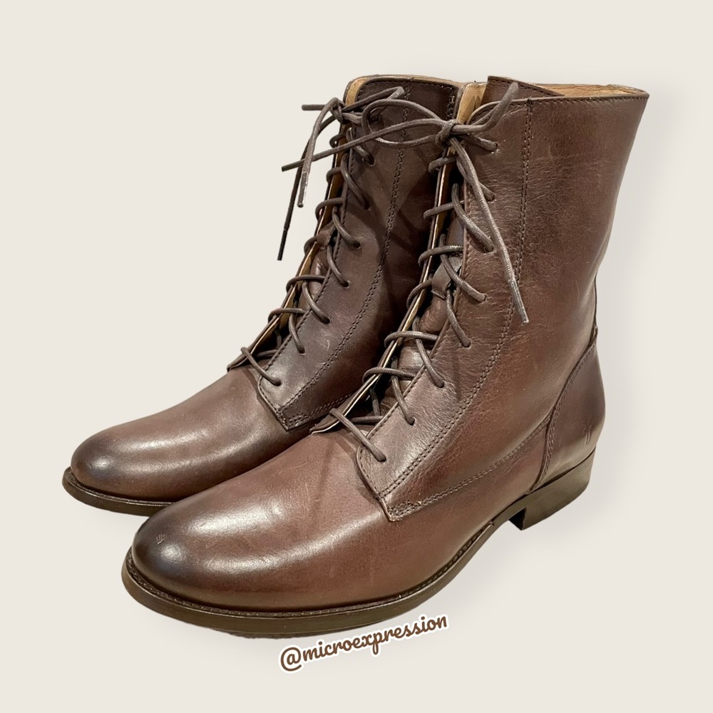 $399 Frye Melissa Brown Real Leather Zip Up Combat Moto Winter/Fall Ankle Boot - Picture 6 of 7